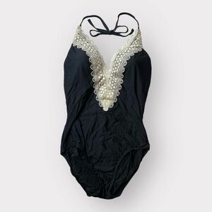 P191 Floral Lace Black NEW OOAK Womens Medium One-Piece Swimsuit Gothic Auction